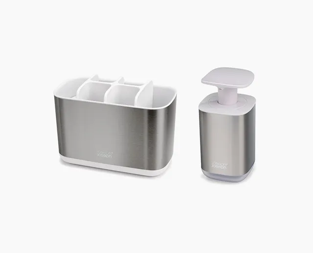 joseph-joseph-2-piece-stainless-steel-bathroom-sink-set-with-soap-pump-and-tooth image 1