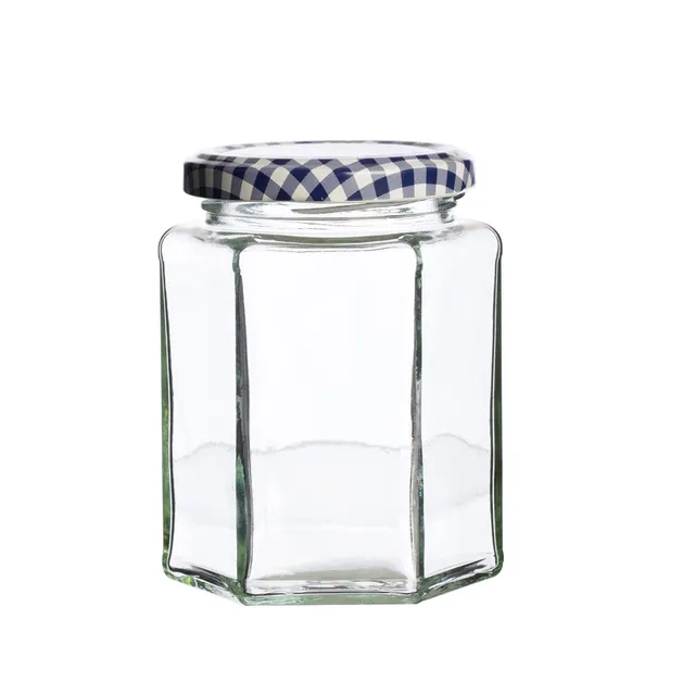 kilner-9-5oz-hexagonal-twist-top-jar-classic-glass-jar-with-blue-gingham-lid image 1