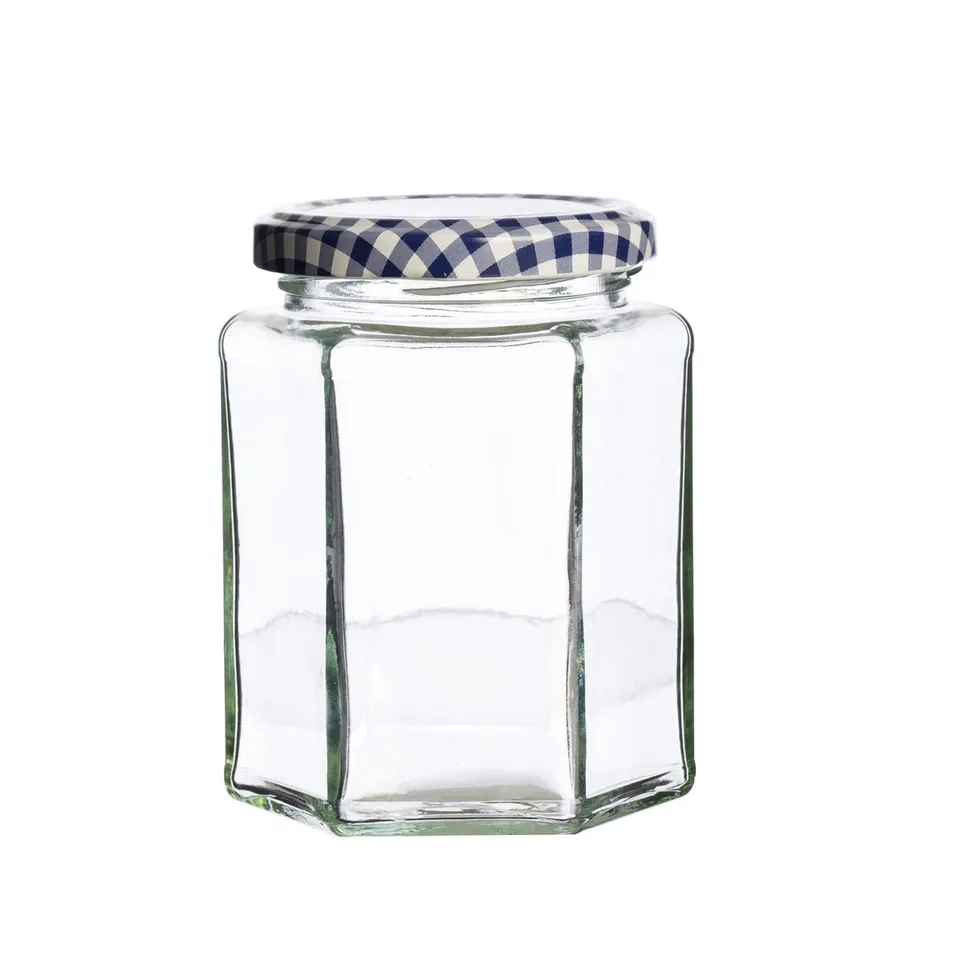 kilner-9-5oz-hexagonal-twist-top-jar-classic-glass-jar-with-blue-gingham-lid image 1