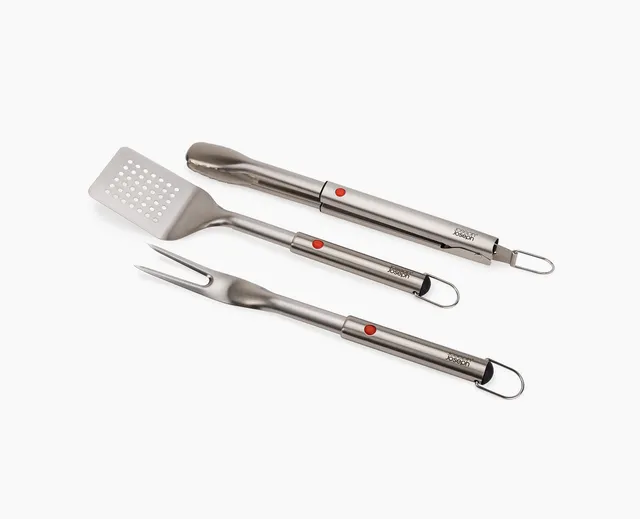 joseph-joseph-grillout-3-piece-stainless-steel-bbq-turner-tongs-fork-set-retract image 1