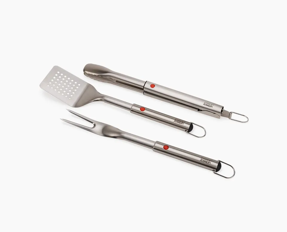 joseph-joseph-grillout-3-piece-stainless-steel-bbq-turner-tongs-fork-set-retract image 1