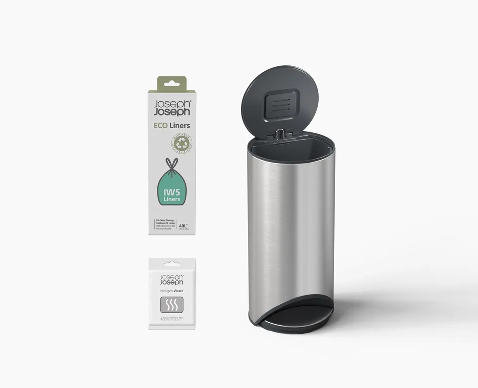 joseph-joseph-arc-30l-easy-push-stainless-steel-pedal-bin-starter-set-with-odour image 1