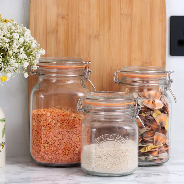 kilner-square-clip-top-jars-set-of-3-34oz-51oz-68oz-for-space-saving-storage image 1