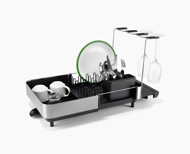 joseph-joseph-extend-steel-plus-expandable-black-dish-drainer-with-wine-glass-ra image 1