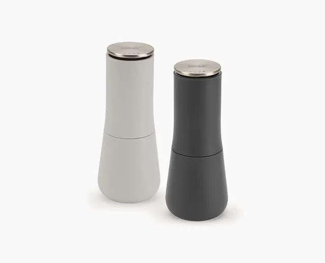 joseph-joseph-milltop-grey-salt-pepper-mills-inverted-grinder-set-mess-free-desi image 1
