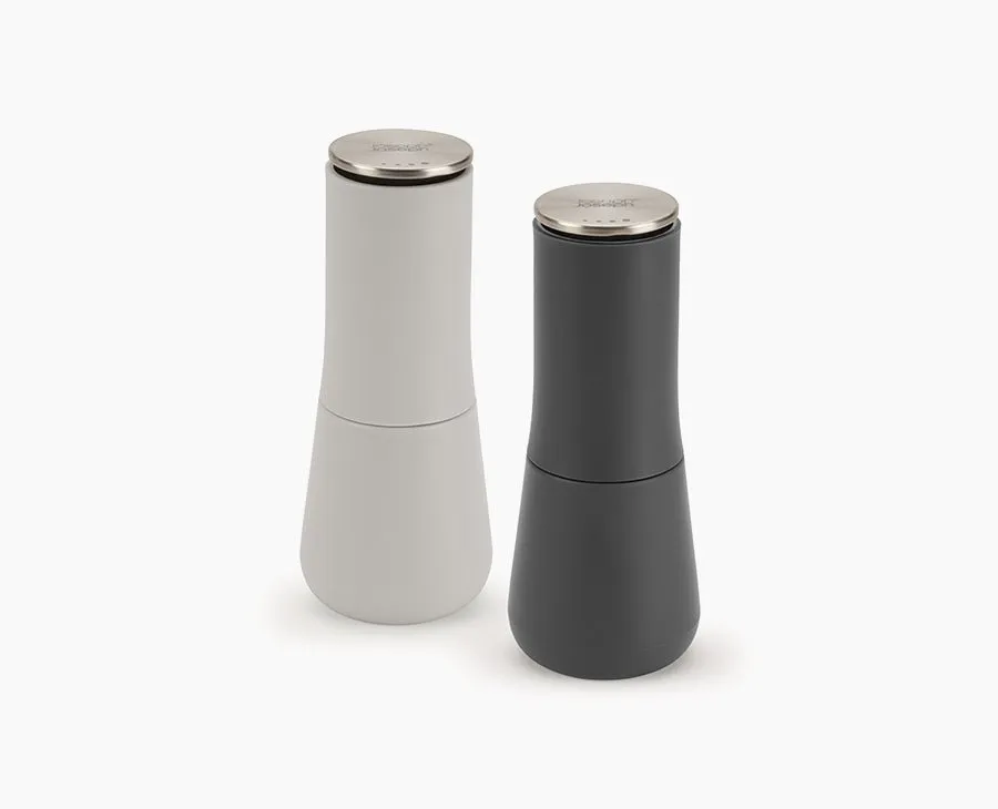 joseph-joseph-milltop-grey-salt-pepper-mills-inverted-grinder-set-mess-free-desi image 1