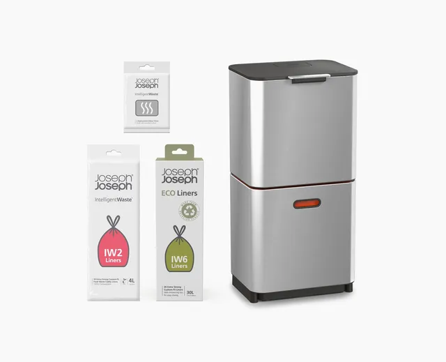joseph-joseph-totem-max-60l-stainless-steel-waste-recycling-bin-starter-set image 1