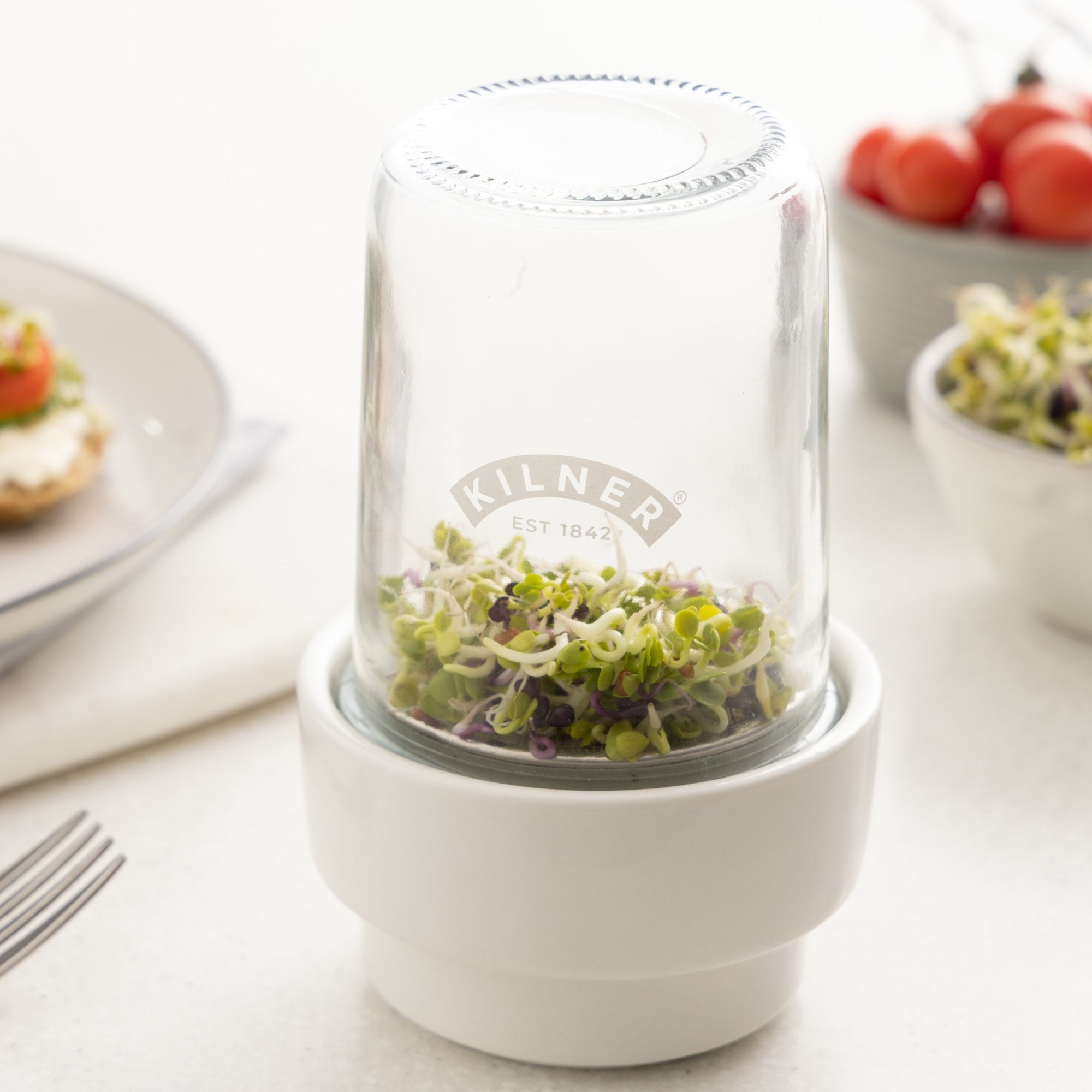 kilner-sprouting-set-with-glass-jar-stainless-steel-strainer-and-ceramic-base image 6
