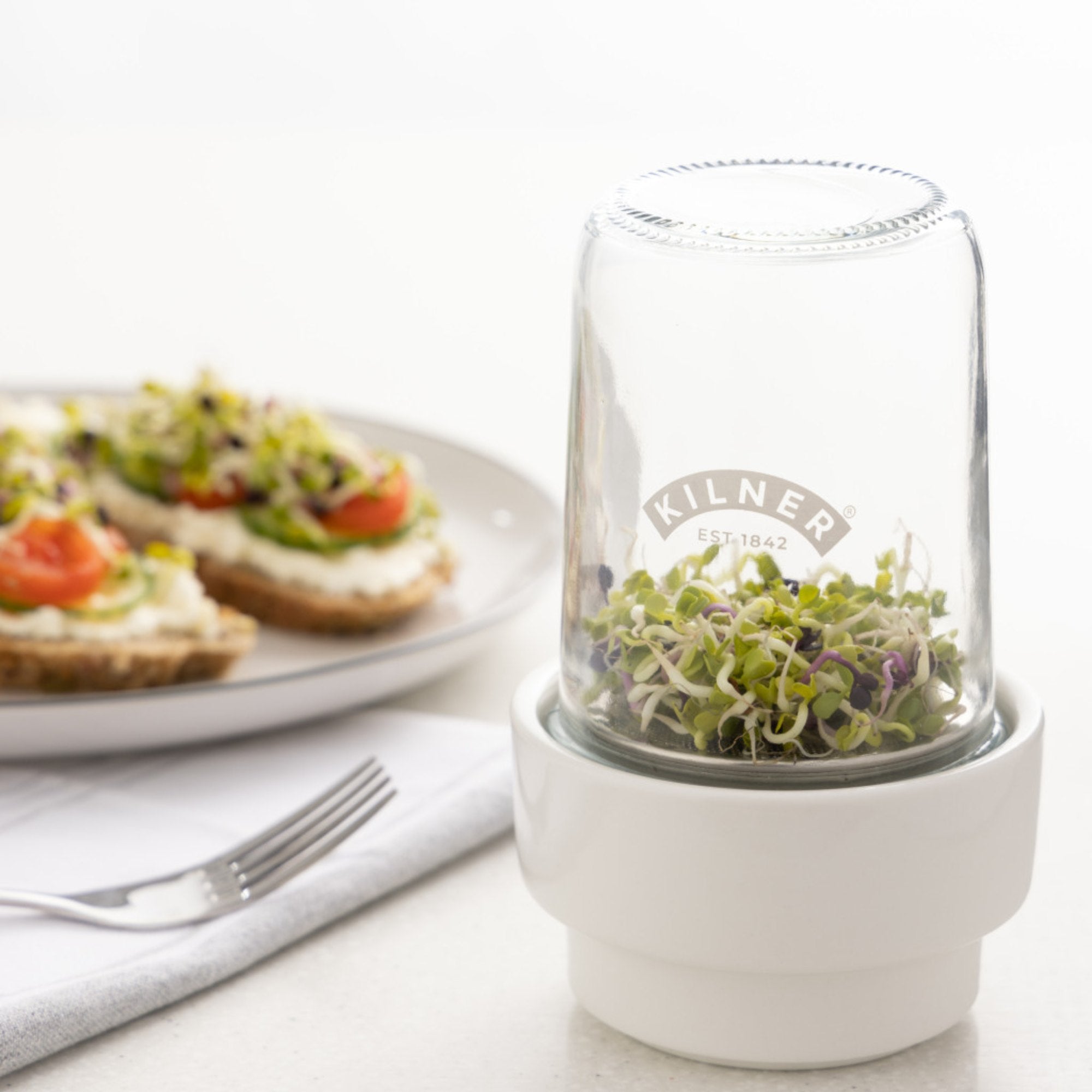 kilner-sprouting-set-with-glass-jar-stainless-steel-strainer-and-ceramic-base image 5