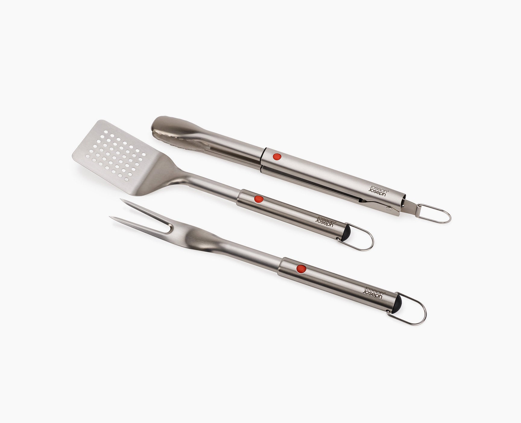 joseph-joseph-grillout-3-piece-stainless-steel-bbq-turner-tongs-fork-set-retract image 1