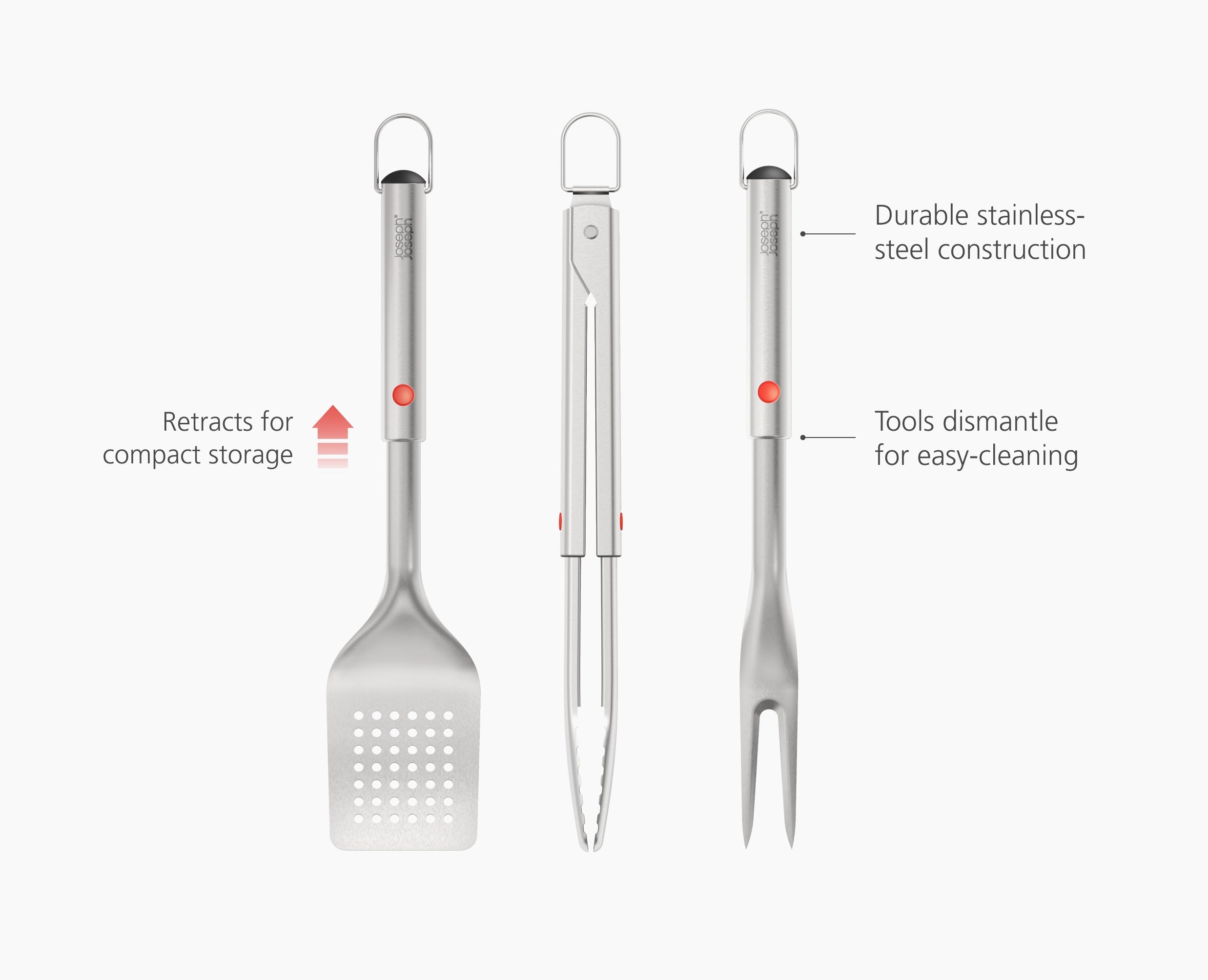 joseph-joseph-grillout-3-piece-stainless-steel-bbq-turner-tongs-fork-set-retract image 6