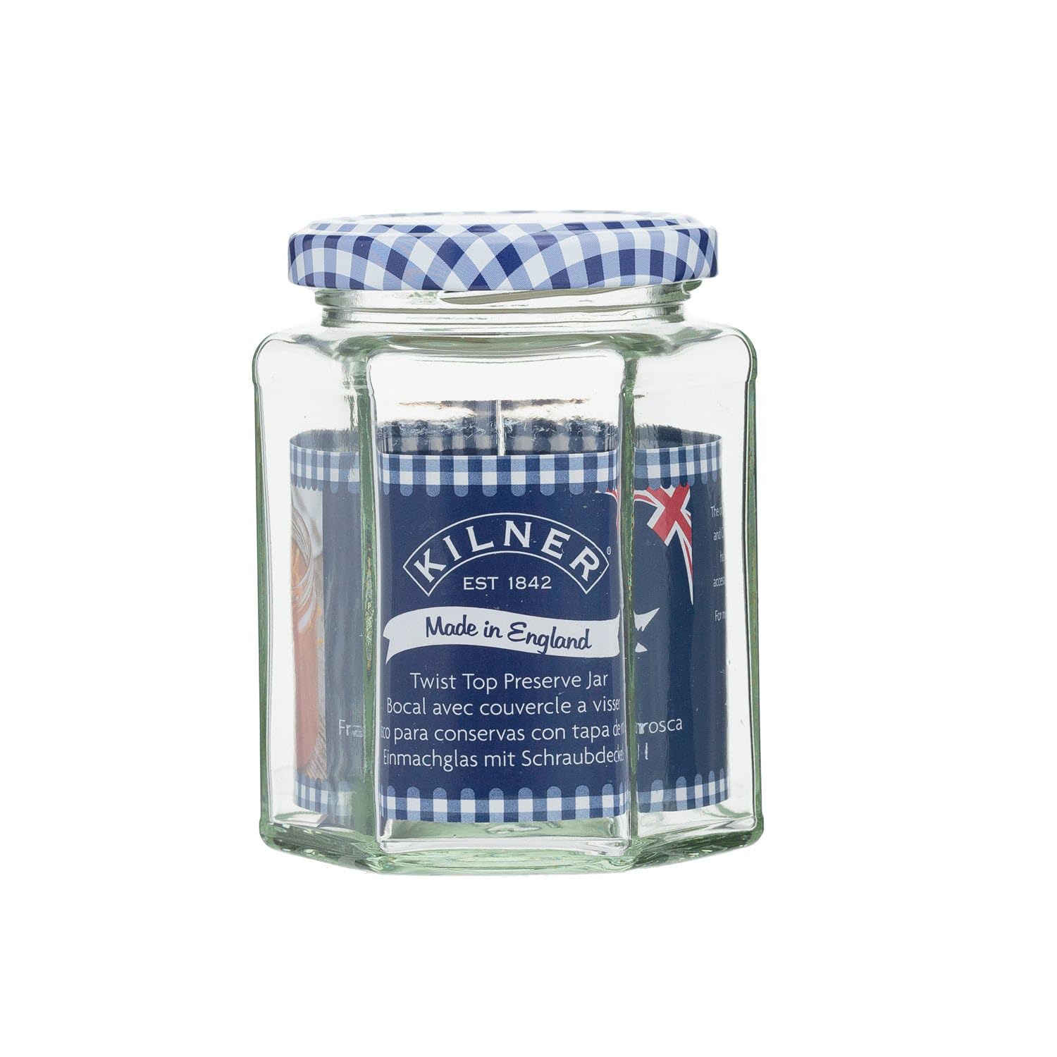 kilner-9-5oz-hexagonal-twist-top-jar-classic-glass-jar-with-blue-gingham-lid image 2
