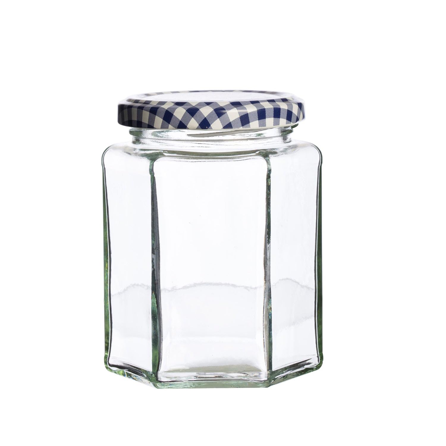 kilner-9-5oz-hexagonal-twist-top-jar-classic-glass-jar-with-blue-gingham-lid image 1