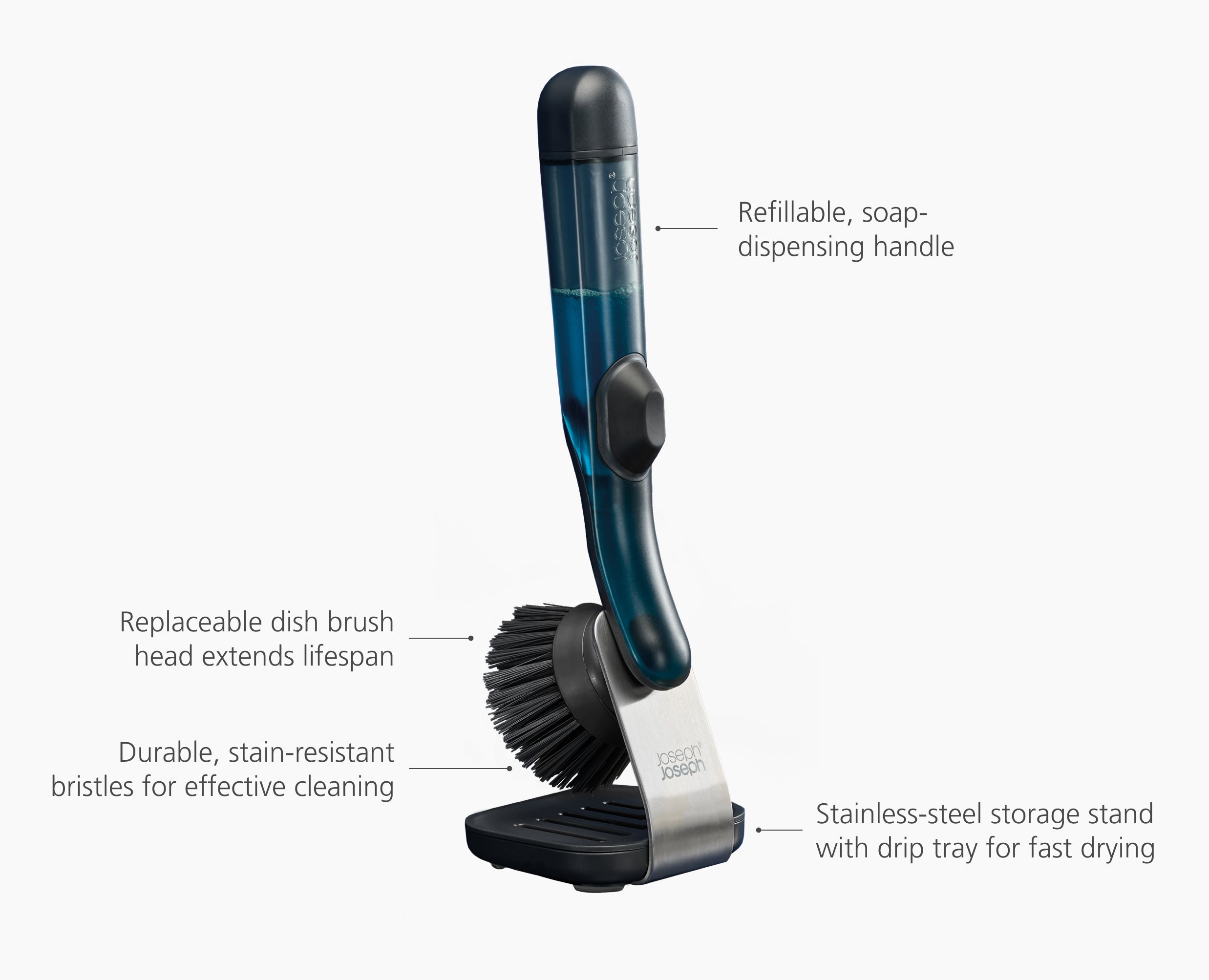 joseph-joseph-sinktech-soap-dispensing-washing-up-brush-with-steel-stand-refilla image 6