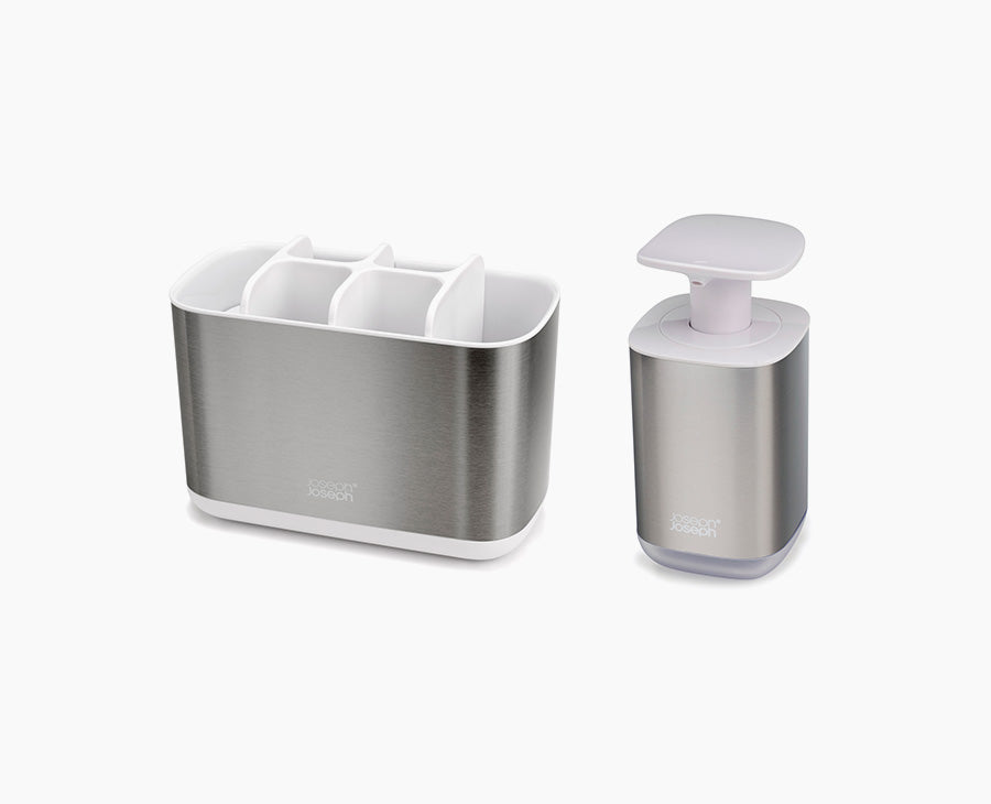 joseph-joseph-2-piece-stainless-steel-bathroom-sink-set-with-soap-pump-and-tooth image 1