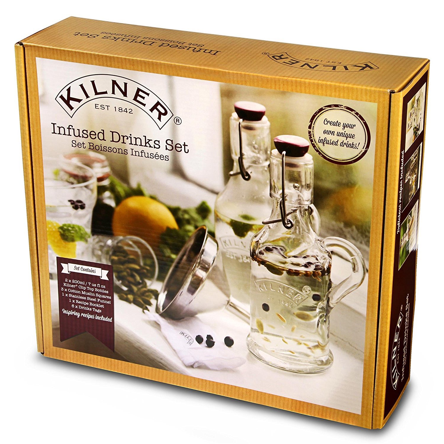 kilner-6-piece-glassware-infused-gin-set-2-bottles-funnel-muslin-squares-recipe- image 2