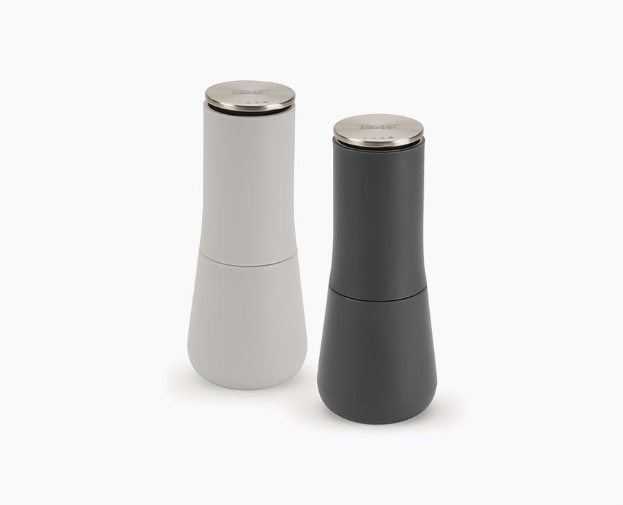 joseph-joseph-milltop-grey-salt-pepper-mills-inverted-grinder-set-mess-free-desi image 1