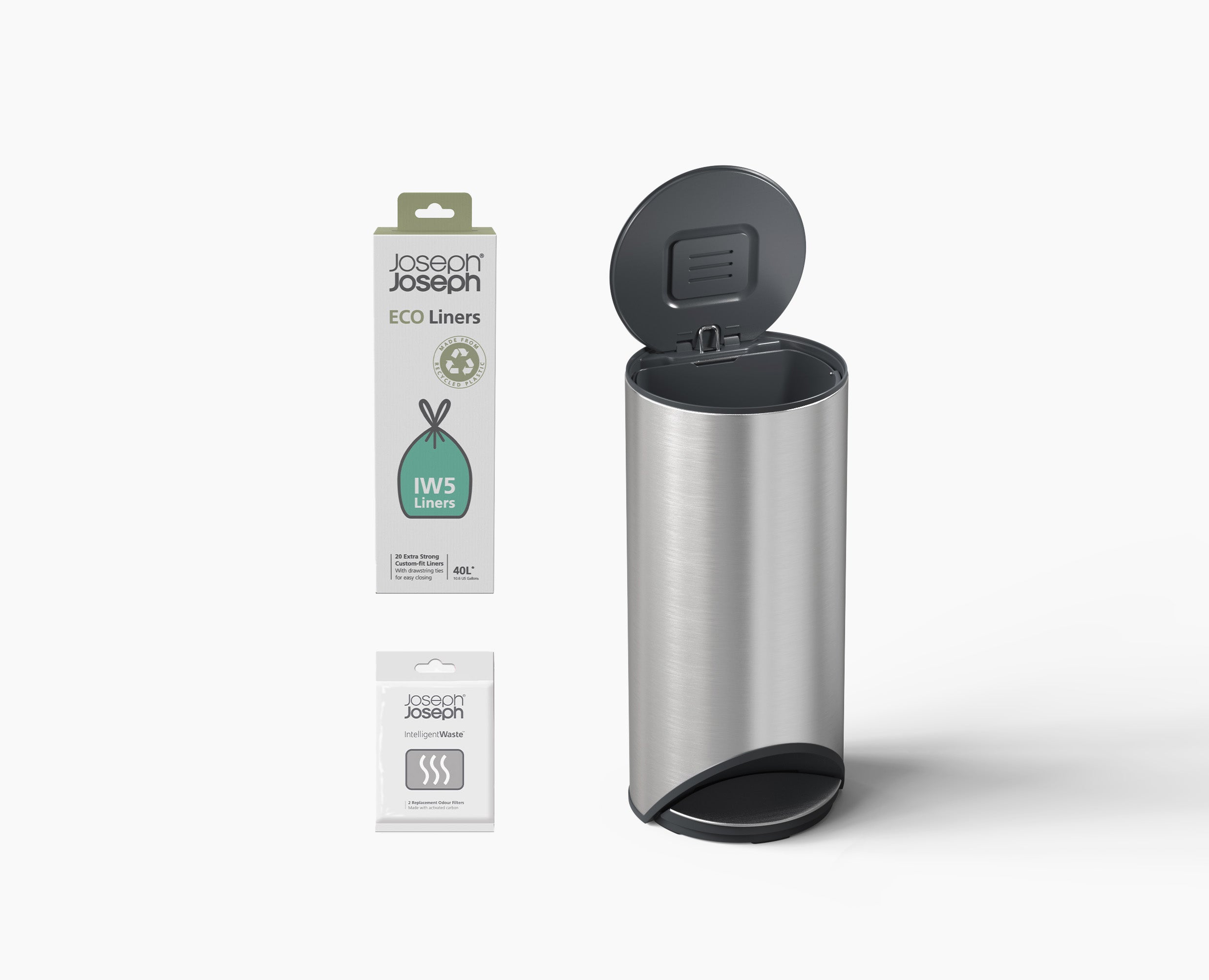 joseph-joseph-arc-30l-easy-push-stainless-steel-pedal-bin-starter-set-with-odour image 1