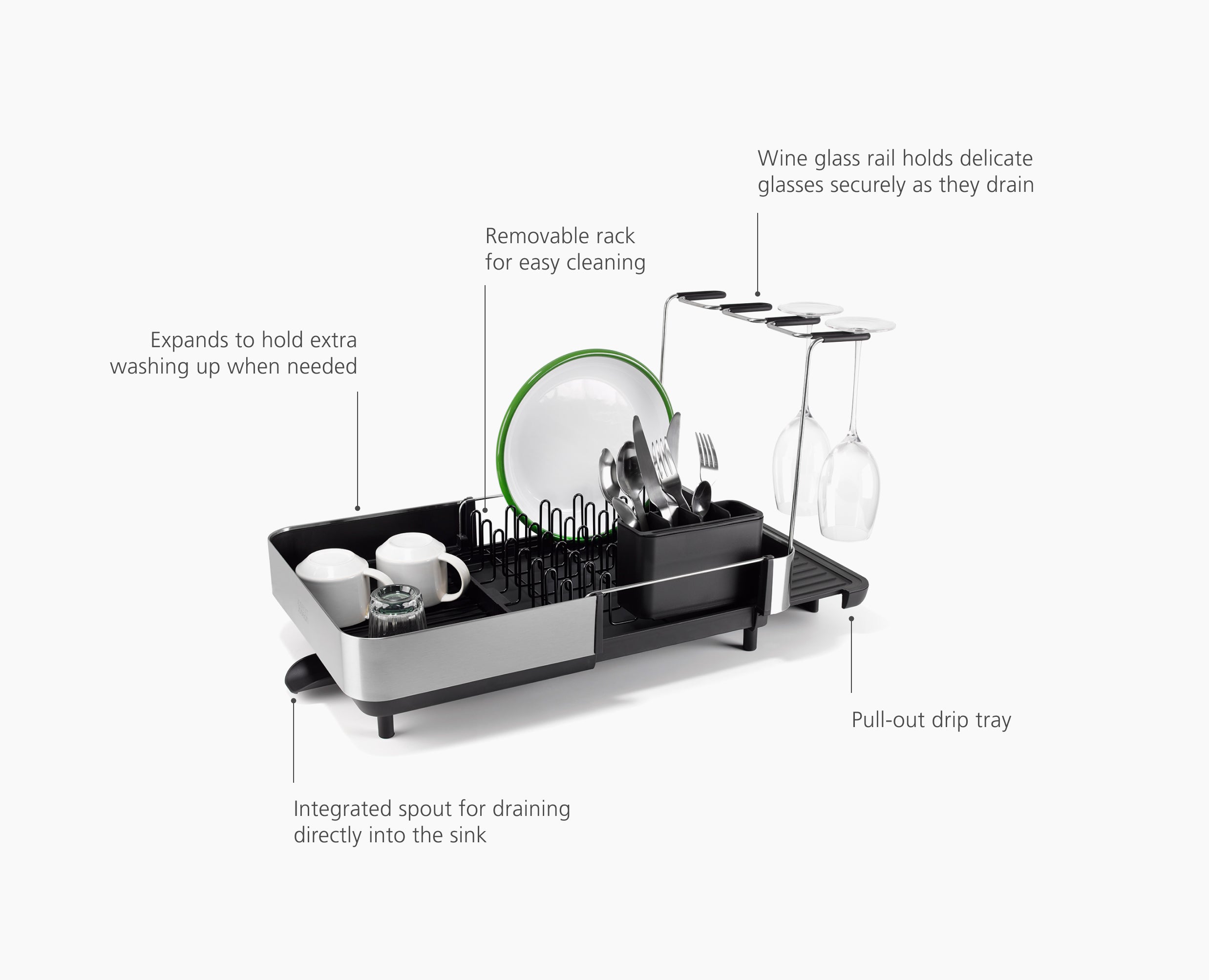 joseph-joseph-extend-steel-plus-expandable-black-dish-drainer-with-wine-glass-ra image 6