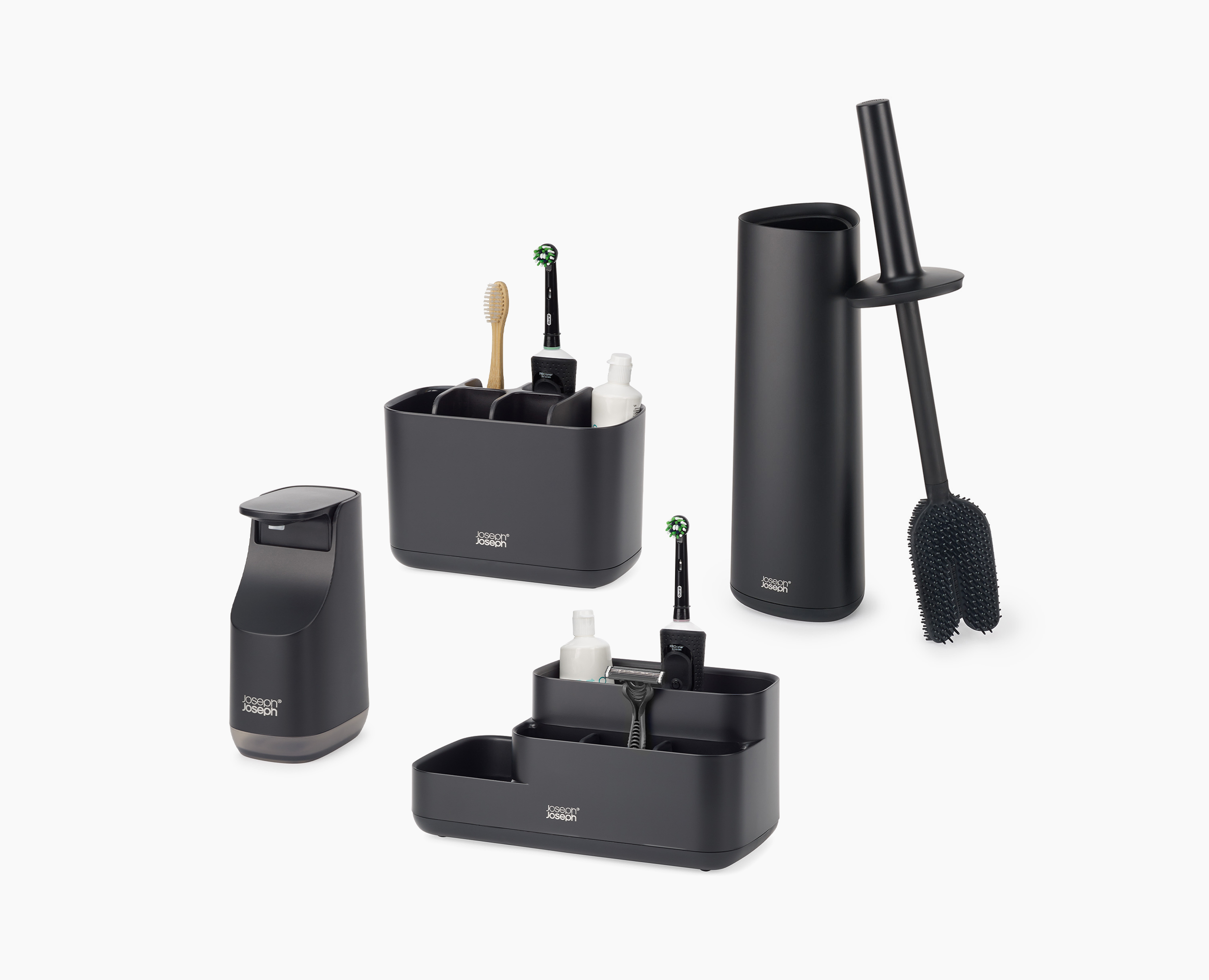joseph-joseph-matt-black-bathroom-set-toilet-brush-toothbrush-holder-soap-dispen image 1